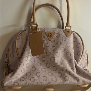 GUESS Travel Bag / Weekender – Lilac Logo Canvas & Tan Leather Trim